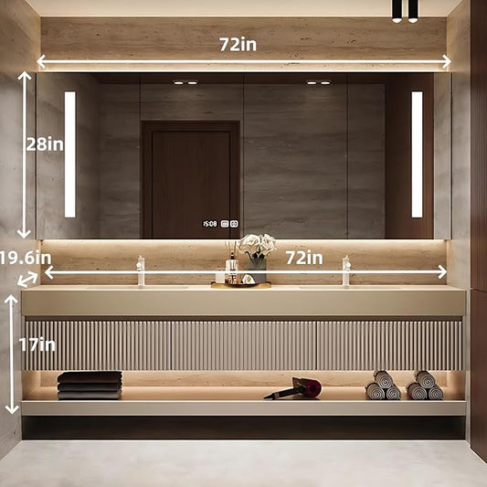 72in Modern Floating Bathroom Vanity with Double Sinks, Intelligent Defogging and Led Light, Wood Bathroom Vanities, Wall-Mounted Storage Cabinet