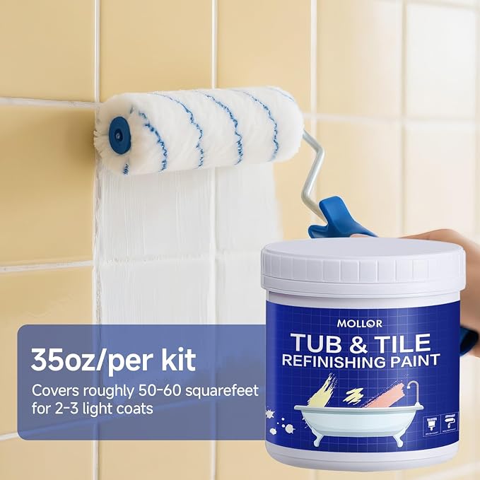 Tub and Tile Refinishing Kit with Tools, 35oz White Tile Paint Water Based & Low Odor, DIY Bathtub Paint, Easy to Use for Bathroom, Kitchen, Porcelain, Floor, Semi-Gloss White,50-60sq.ft