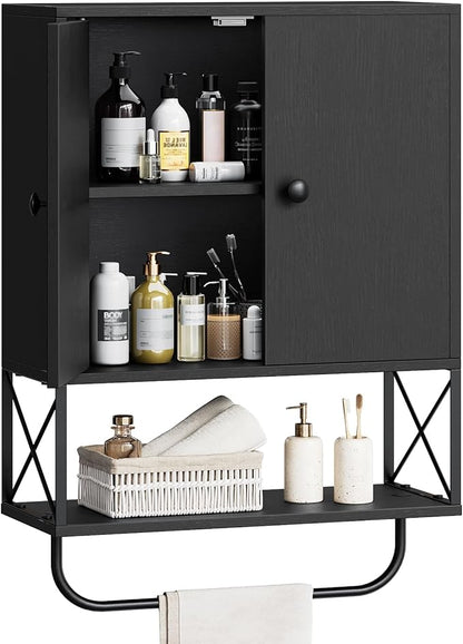 Bathroom Wall Cabinet with 2 Door and Adjustable Shelf, Farmhouse Medicine Cabinet with Towel Rack, 3-Tier Wall Mounted Storage Cabinet Over The Toilet for Bathroom, 18.9" L, Black