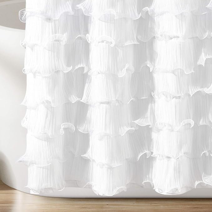 Lush Decor Avery Shower Curtain Ruffled Vintage Chic Farmhouse Style Bathroom, 72” x 72”, White