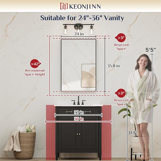 Keonjinn 24x36 Inch Nickel Bathroom Mirror for Over Sink, Rectangular | HD Tempered Glass, Vanity Mirror, Brushed Framed, Square Corner, Modern Farmhouse, Wall Mounted Mirrors, Aluminum Alloy