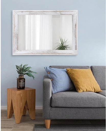 AAZZKANG Mirrors for Wall Rustic Wood Framed Hanging Mirror 28"x20" Decorative for Farmhouse Bedroom Bathroom Living Room Entryway Hallway White