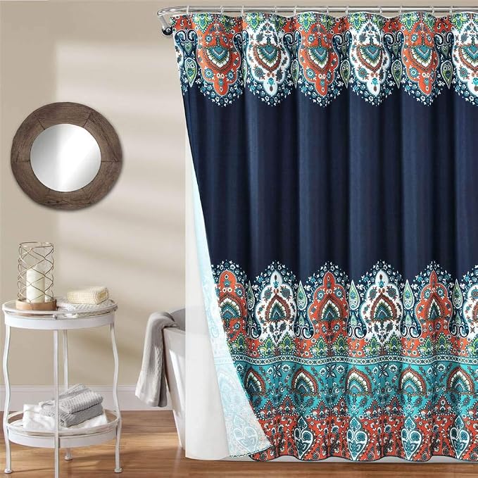 Lush Decor Bohemian Meadow Shower Curtain with Liner and Rings 14 Piece Set 72" W x 72" L Navy - Boho Shower Curtain Set - Colorful Bathroom Curtains