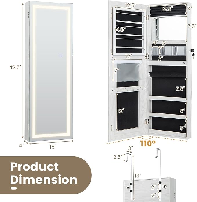 CHARMAID LED Mirror Jewelry Cabinet, Lockable Jewelry Armoire with Adjustable Lighted Full Length Mirror, 3 Lighting Sets, Wall Mounted Door Hanging Jewelry Storage Organizer (Grayish White, 42.5''H)