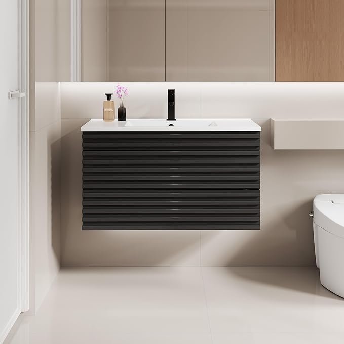 LUCKWIND 36" Floating Bathroom Vanity with Sink, Mid-Century Wall Mounted Big Drawer Cabinet with Large Sink, Water Saving Faucet and Wood Stripes Style, Black
