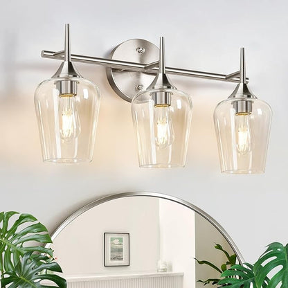3-Light Bathroom Light Fixtures, 19.5 in Brushed Nickle Vanity Lights for Bathroom with Clear Glass, Bathroom Lighting Fixtures Over Mirror, Modern Wall lamp for Cabinet Hallway