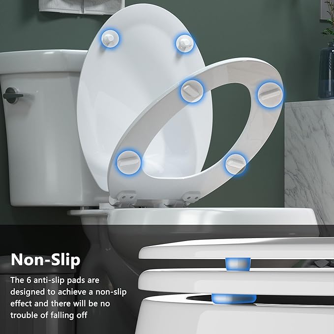 Elongated Toilet Seat Angol Shiold Quiet-Close Molded Wood Toilet Seat with Non-Slip Adjustable Hinges, Anti-Pinch Bumpers, Easy Install & Clean（White, Elongated 18.5''）