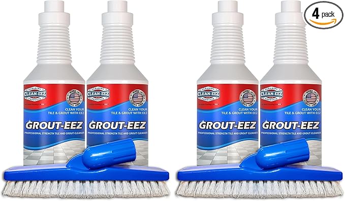 Clean-eez Grout Cleaner 4 Pack with Stand-Up Brush Attachment - Stain Remover Heavy-Duty Scrubber - Bathroom Shower Ceramic Porcelain Tile & Grout Only - Easy Control Flip Top Cap - 32 oz.