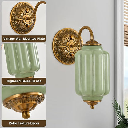 Green Glass Sconce Vintage Vanity Sconces Brass, Bulb Included | Green Glass Art Deco Antique Wall Sconce Wall Light for Bedroom Bathroom Living Room Entryway, Retro Gold and White 1 Pack