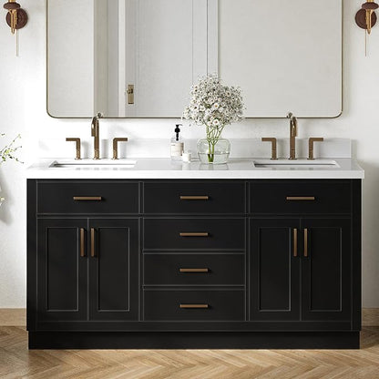 Isabella 66-Inch Black Double Bathroom Vanity with Sink, White Quartz Countertop 1.5" Edge, 2 Rectangular Undermount Sinks, 4 Soft-Closing Doors, 6 Dovetail Drawers, Plinth Base