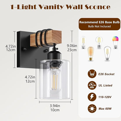 Set of 2 Wall Sconces for Bathroom, Farmhouse 1-Light Matte Black Bathroom Vanity Light with Clear Glass Shades, Indoor Wall Mount Lighting Fixtures for Bedroom Living Room Mirror Kitchen