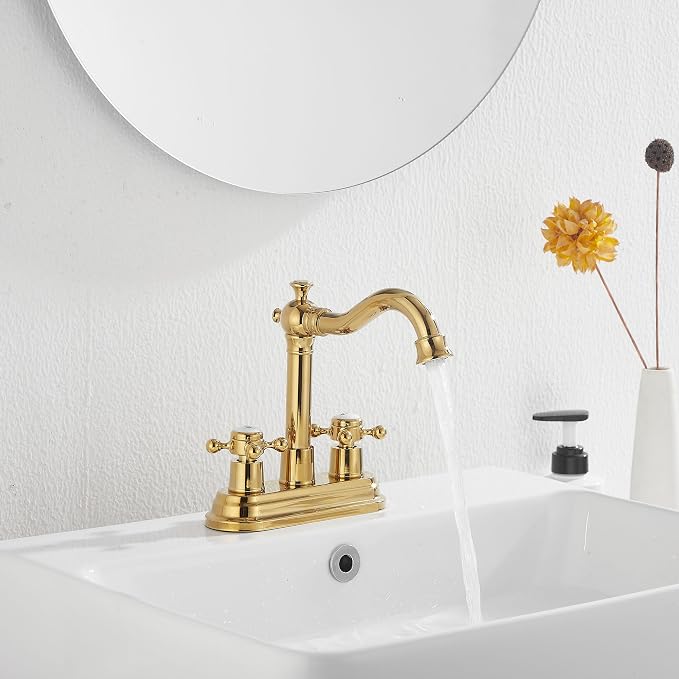 Bathroom Faucet Polished Gold 2 Handles 4 Inches Centerset Bathroom Vanity with Drain Assembly and Supply Hose Lavatory Faucet