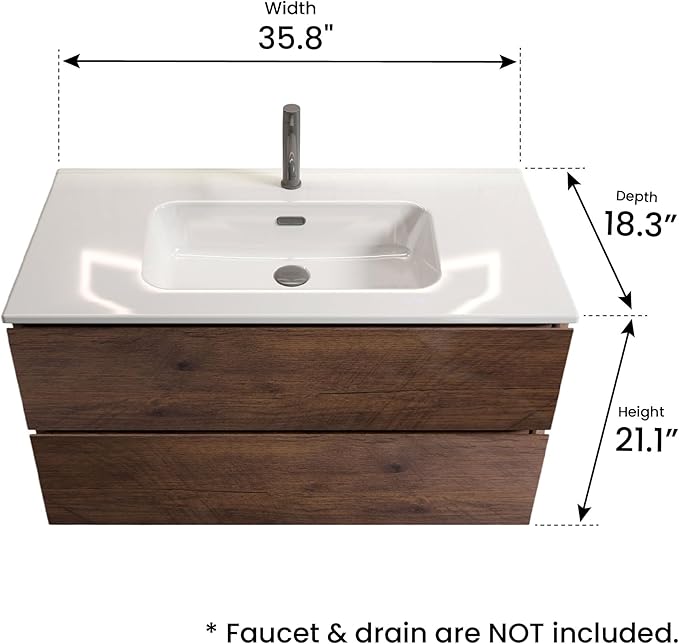 36" Bathroom Vanity with Sink, Modern Floating Vanity with Double Soft Closing Drawers, Large Storage for Small Space, Walnut, Fully Assembled - Iris Collection
