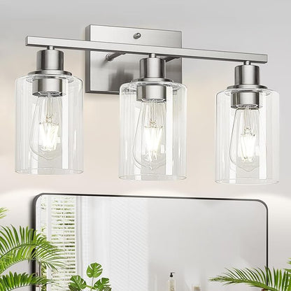 3-Light Bathroom Light Fixtures, Vanity Light with Clear Glass Shades, Brushed Nickel Bathroom Light Fixtures Over Mirror, Modern Bathroom Wall Lamp for Mirror Living Room Cabinet Bedroom