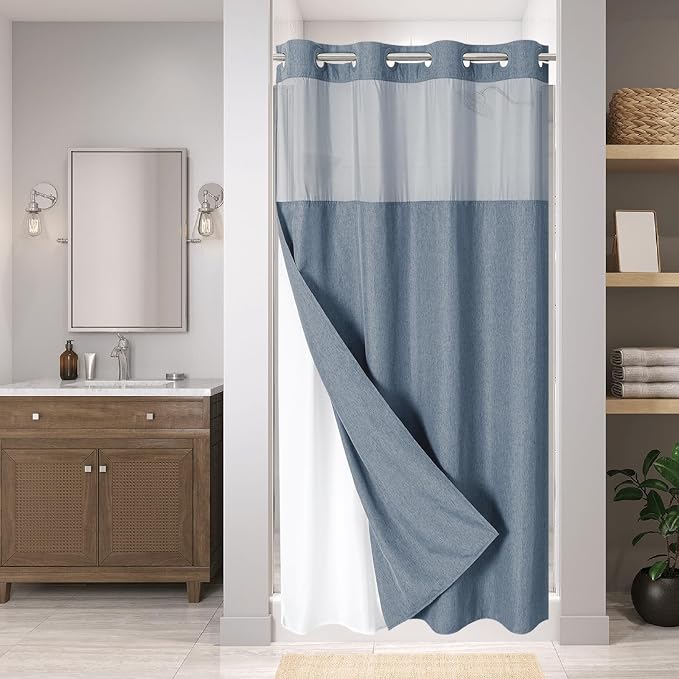 eachope No Hook Linen Texture Shower Curtain and Liner Set,54x80 Blue Grey | 230GSM Thick Fabric,Hotel Luxury Decor,Mesh Top Window,Waterproof & Machine Washable,for Shower Stall or Bathroom