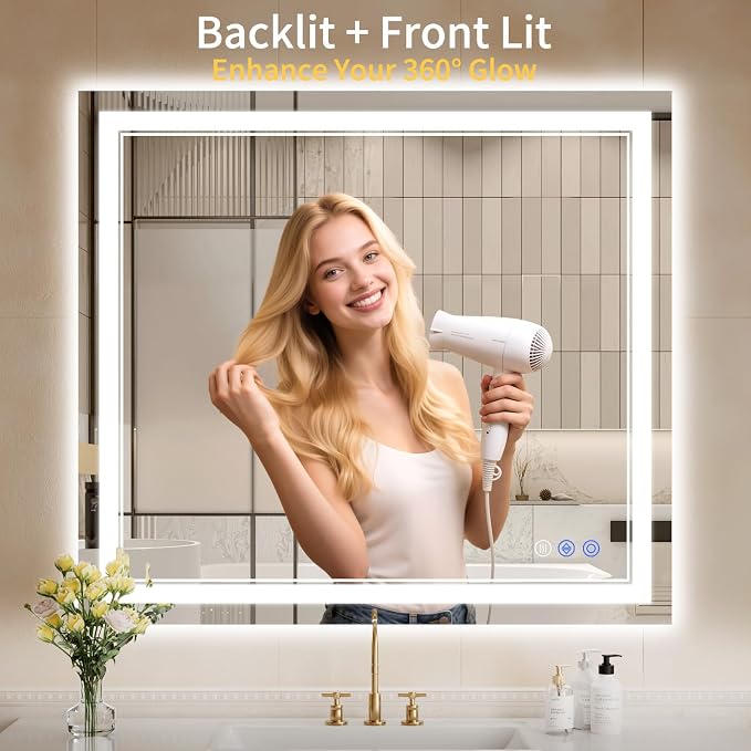 36"x44" LED Bathroom Mirror with Lights, Anti-Fog, Backlit + Front Lit, Dimmable, Led Vanity Mirror for Wall, Lighted Bathroom Mirror, 14 Colors, Shatter-Proof Tempered Glass