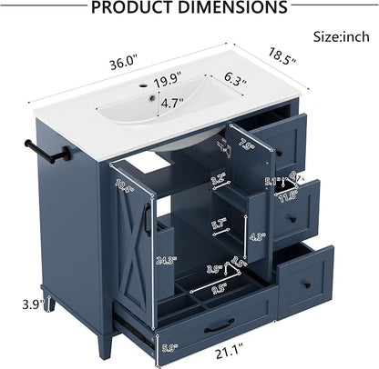 Bellemave 36" Bathroom Vanity with Sink, Bathroom vanities, Green Bathroom Vanity with Drawers, Sink Cabinet, Navy Blue, 36"