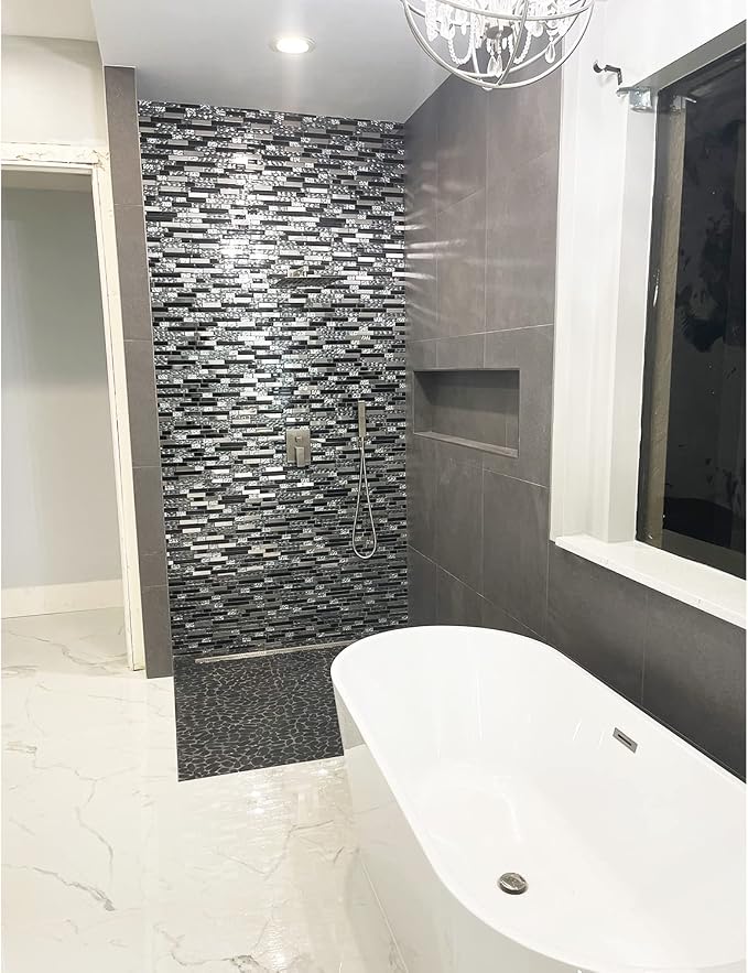 Glass Metal Tiles Art Mosaic Silk Black Crystal Glass Chrome Silver Steel Accent Wall Border Kitchen Bath Backsplash Tile TSTNB12 (5 Square Feet)