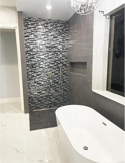 Glass Metal Tiles Art Mosaic Silk Black Crystal Glass Chrome Silver Steel Accent Wall Border Kitchen Bath Backsplash Tile TSTNB12 (5 Square Feet)