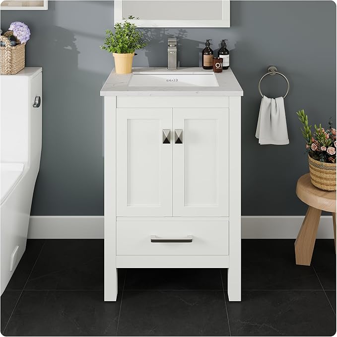 Eviva London 24 in. White Single Sink Bath Vanity with Carrara Quartz Top