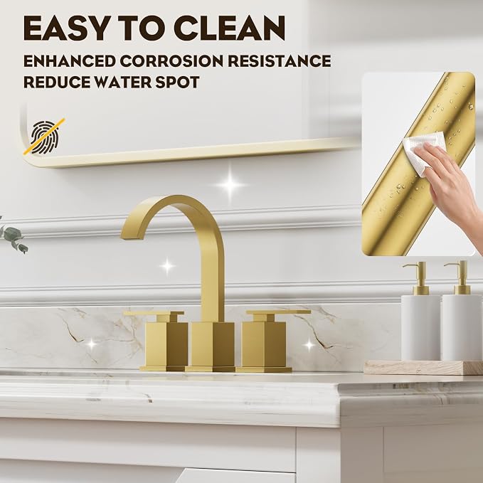 Brushed Gold Bathroom Faucet 8 Inch Widespread 3 Hole 2 Handle,Waterfall Swivel Spout Bathroom Sink Faucet with Pop Up Drain and Water Supply Line,WF011-BG