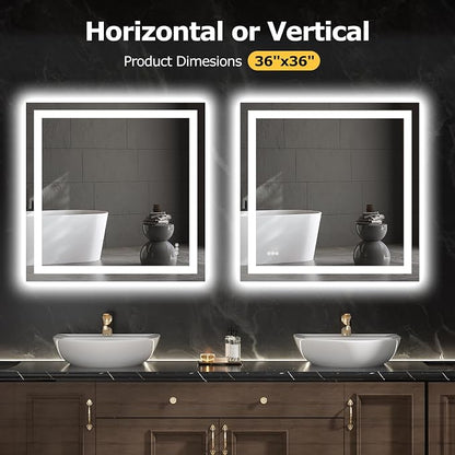 Hivone 36"X36" LED Bathroom Mirror with Lights, Anti-Fog, Dimmable, Backlit + Front Lit, Smart Bathroom Vanity Mirror, Memory Function, Shatterproof, Tempered Glass (Horizontal/Vertical)