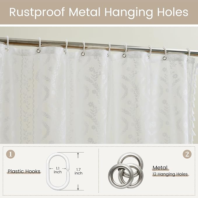 WAZZIO White Lace Shower Curtain - Vintage Pretty Flower Sheer Shower Curtains, Elegant Decorative Tassel Bath Curtains for Bathroom, 72 x 84 Inch, 1 Piece