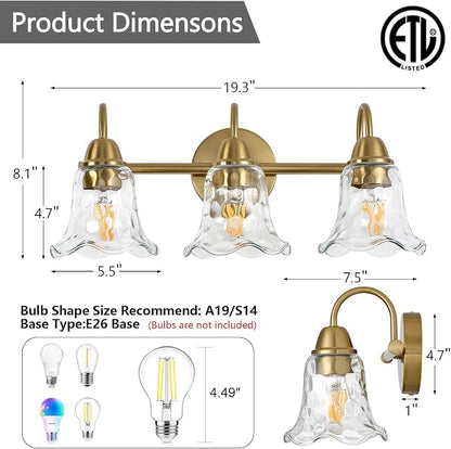 Bathroom Light Fixtures Over Mirror, 3 Lights Vintage Wall Sconces with Hammered Glass Shade, 19.3" Gold Bathroom Wall Light Fixtures for Bedroom, Porch, Hotel, Mirror Cabinet