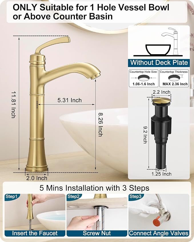 Brass Gold Vessel Sink Faucet, Tall Single Hole Bathroom Faucet for Vessel Sink Single Handle with Pop-Up Drain & Pre-Installed Hoses