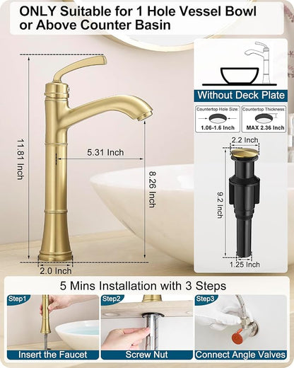 Brass Gold Vessel Sink Faucet, Tall Single Hole Bathroom Faucet for Vessel Sink Single Handle with Pop-Up Drain & Pre-Installed Hoses