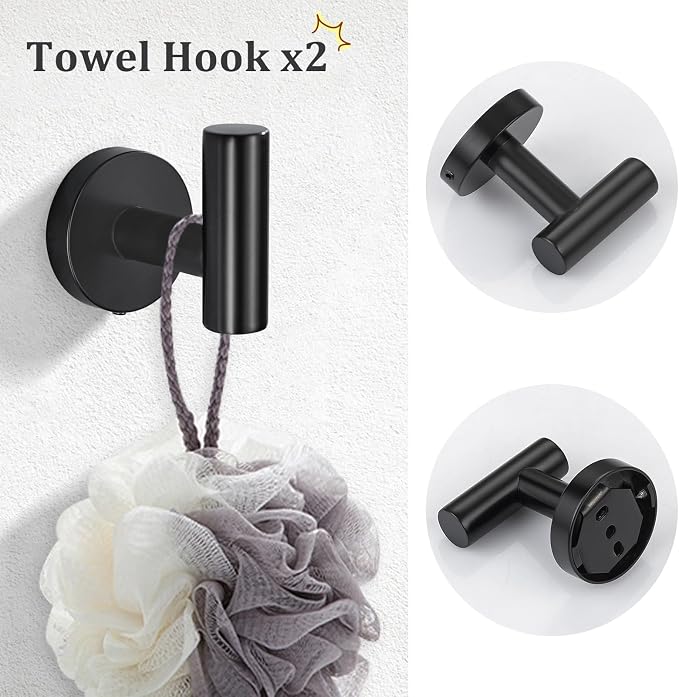 TURS Matte Black Towel Ring Toilet Paper Holder Towel Hooks 4-Pieces Bathroom Towel Holder Set SUS304 Stainless Steel Bathroom Accessories Kit Wall Mounted