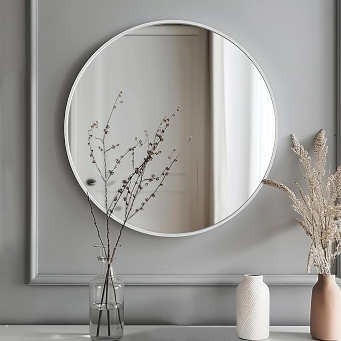 18 inch Round Mirror, Small Circle Mirror, Matte White Metal Frame | Durable, Rust-resistant, High Definition Mirror, Easy Installation, Suitable for Vanity, Nursery, Bedroom, Bathroom