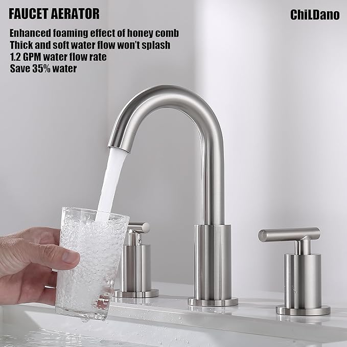 Widespread Bathroom Faucet with Sink Drain and Supply Hose, Brushed Nickel 3 Hole Faucet for Bathroom Sink, ChiLDano Satin Nickel 2 Handle Bathroom Faucet CH2183BN