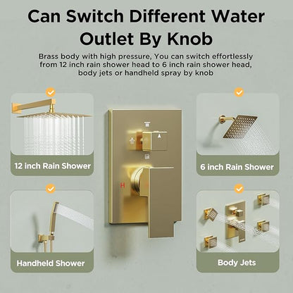 Shower Systems with 4 Body Spray Jets, STARBATH 4 Way 12+6" Rainfall Shower Head with Handheld Combo, Wall Mounted Shower Jets System in Wall Shower Faucet Sets Complete,Brushed Gold
