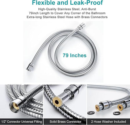 GwernKB Handheld Shower Head with On Off Switch 8-Mode High Pressure Showerhead with 79 Inches Extra-long Stainless Steel Hose and Bracket PLUS Extra Low-Reach Adhesive Wall Mount for Kids,Silver…