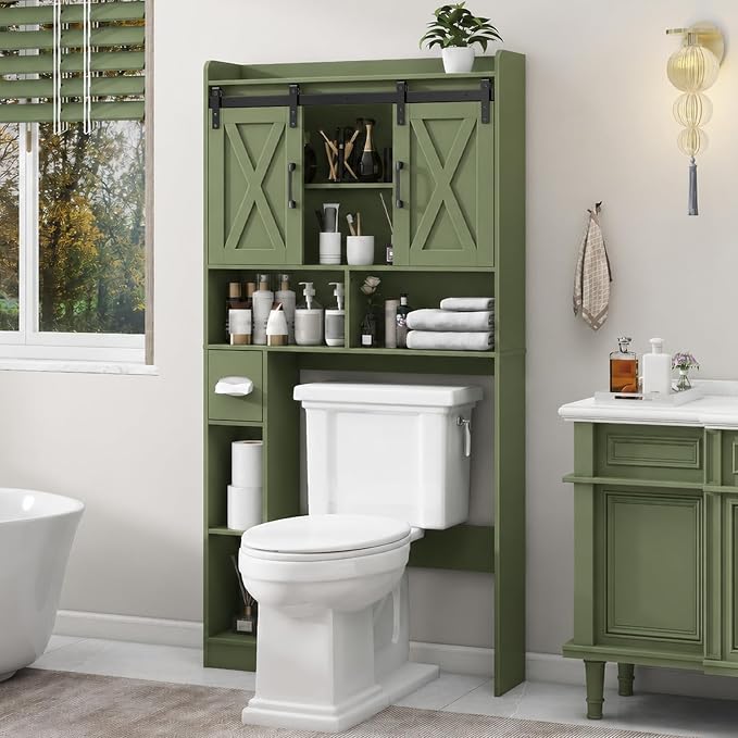 Vabches Over The Toilet Storage Cabinet with Sliding Doors, Green | Farmhouse Storage Cabinet Over Toilet, Home Space-Saving Toilet Rack, Toilet Paper Holder Stand,for Restroom,Bathroom,Laundry