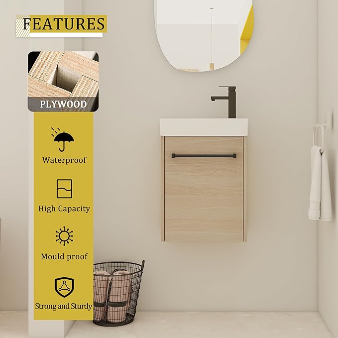 KEIKI 16'' Bathroom Vanity Cabinet with Sink, Wall Mounted Floating Bathroom Vanity with Soft-Close Cabinet Door, for Small Bathroom, Light Oak