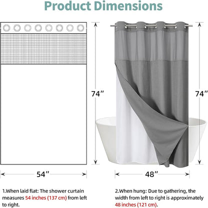 eachope No Hook Waffle Shower Curtain with Snap-in Liner, 54x74 Inch, Grey | 230GSM waffle weave fabric, waterproof liner set with 2 bottom magnets, mesh window, washable, for shower stalls or bathrooms