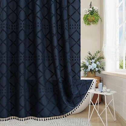 Navy Boho Woven Fabric Shower Curtain with Tassel 72 x 78, Tufted Textured | Modern Farmhouse Curtain for Bathroom, Long Bathroom Curtain, Minimalist Decor, Waterproof
