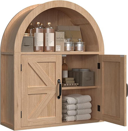 Arched Bathroom Wall Cabinet, Farmhouse Medicine Cabinet with Barn Door and with Adjustable Shelf, 23.6 x 28.7'' Wooden Storage Cabinet Wall Mounted for Bathroom Laundry Room Kitchen, Natural
