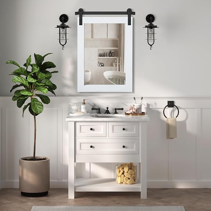 COGOOD Farmhouse Bathroom Mirrors for Over Sink - 30 x 22 Pure White | Rustic Barn Door Wood Framed Vanity Mirror for Entryway, Living Room, Bedroom, Dresser Wall Decor