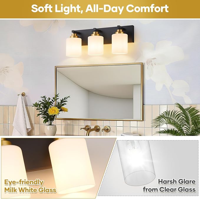 Vanity Lights for Bathroom, 3-Light Black and Gold Bathroom Vanity Light Over Mirror with Milky White Glass Shades, Modern Bathroom Light Fixtures for Living Room Hallway Cabinet (Bulbs Not Included)