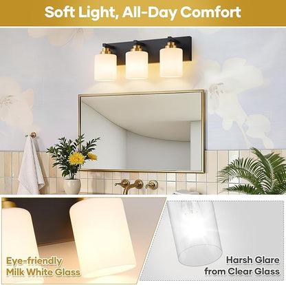 Vanity Lights for Bathroom, 3-Light Black and Gold Bathroom Vanity Light Over Mirror with Milky White Glass Shades, Modern Bathroom Light Fixtures for Living Room Hallway Cabinet (Bulbs Not Included)