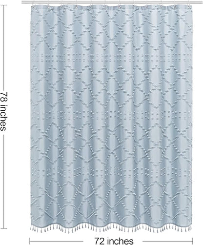 Blue Boho Woven Fabric Shower Curtain with Tassel 72 x 78, Tufted Textured | Modern Farmhouse Curtain for Bathroom, Long Bathroom Curtain, Minimalist Decor, Waterproof