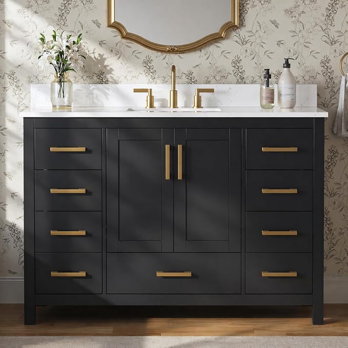 48 Inch Bathroom Vanity with Sink, Freestanding Single Sink Bathroom Vanities with Soft Close Doors & Drawers, Carrara Stone Top & Backsplash, No Assembly Required, Black