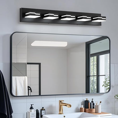 LED Modern Bathroom Vanity Light Fixtures 5-Light, 32 inch Dimmable Matte Black Vanity Lights for Bathroom Lighting Fixtures Over Mirror, with 350°Rotatable Acrylic Heads(White Light 5500K)