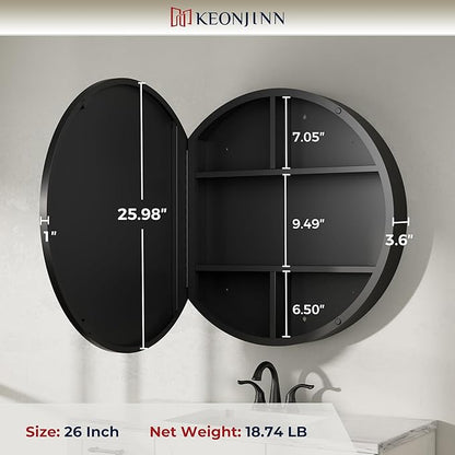 Keonjinn 26 in Round Black Black Medicine Cabinet with Mirror, Surface Mount Metal Frame Mirror Medicine Cabinet, Farmhouse Bathroom Cabinet with Circle Wall Mounted Vanity Mirror Detachable Shelves