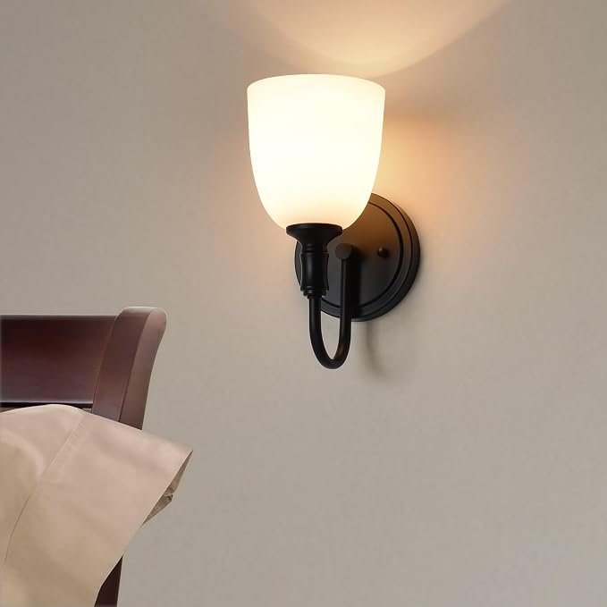 Vintage Traditional Black 1-Light Indoor Wall Sconce with Frosted Glass Bathroom Bedroom Hallway, 10.6" H x 5.3" W, Matte Black