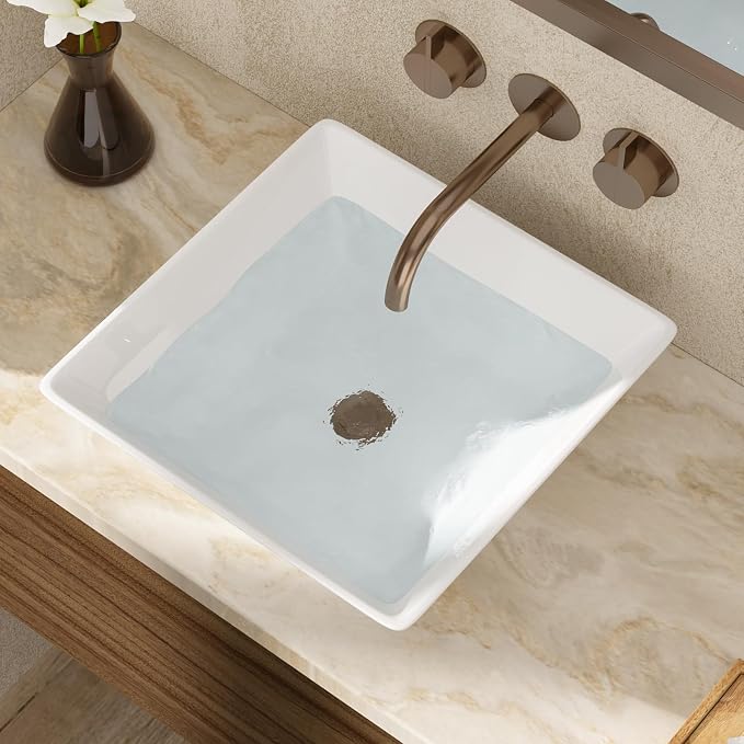 16x16 Inch White Rectangle Vessel Bathroom Sink | Ceramic, Above Counter, Rectangular Shape, Easy to Clean, Recommended Installation, Ideal for Bathroom, Lavatory, Vanity