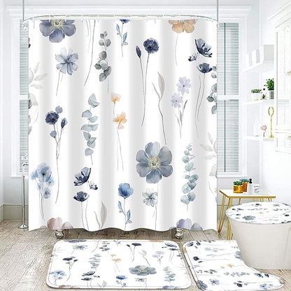 DDQQ 4Pcs Flower Shower Curtain Set with Floral Bathroom Sets, Blue Floral Shower Curtain with 12 Hooks, Bathroom Decor with Rugs Bath Accessories with Shower Curtains for Bathroom Toilet Lid Cover